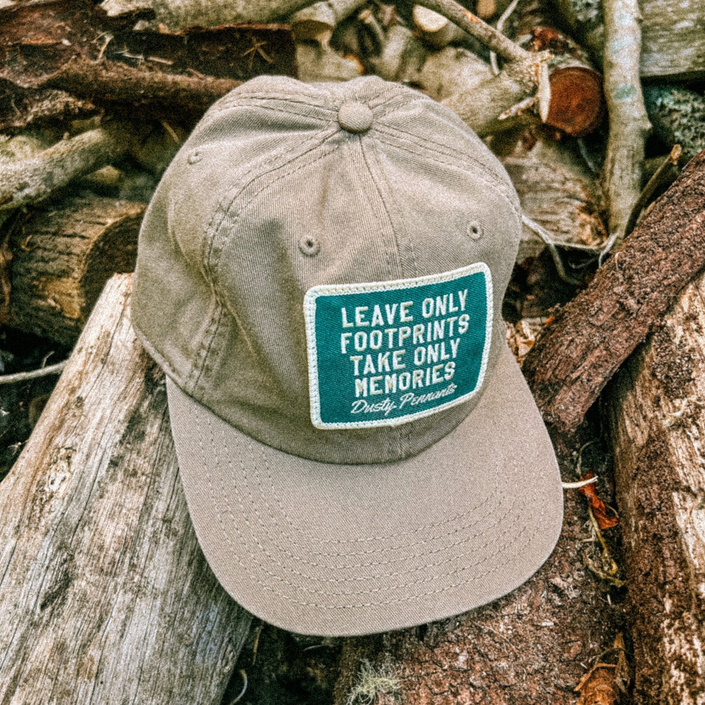 Footprints & Memories Patch Cap | faded unstructured vintage style khaki baseball hat.