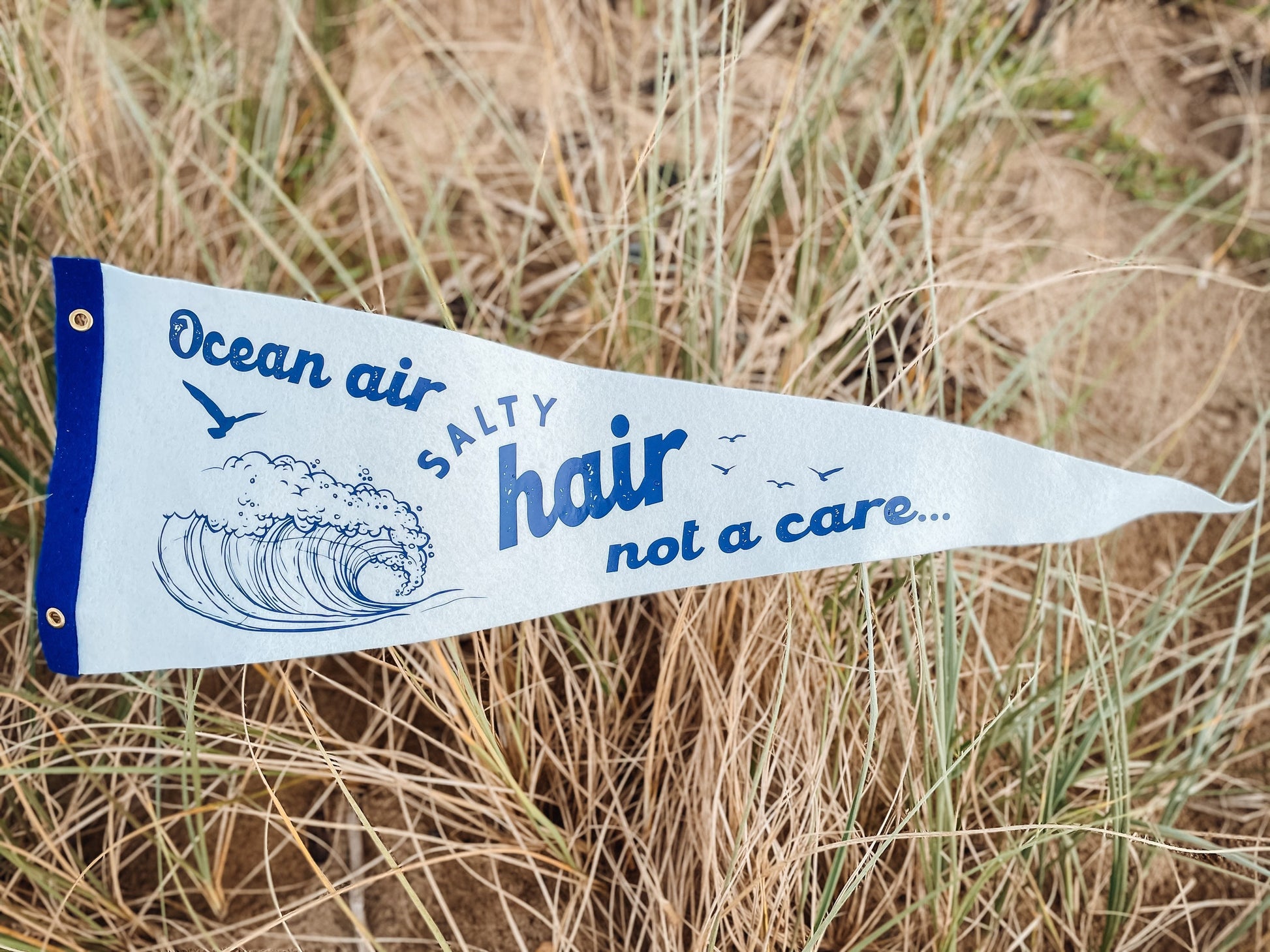 Ocean air Salty hair Not a care Pennant | Travel Felt Pennant Flag Banner | Nautical Vintage Style | Wall Decor