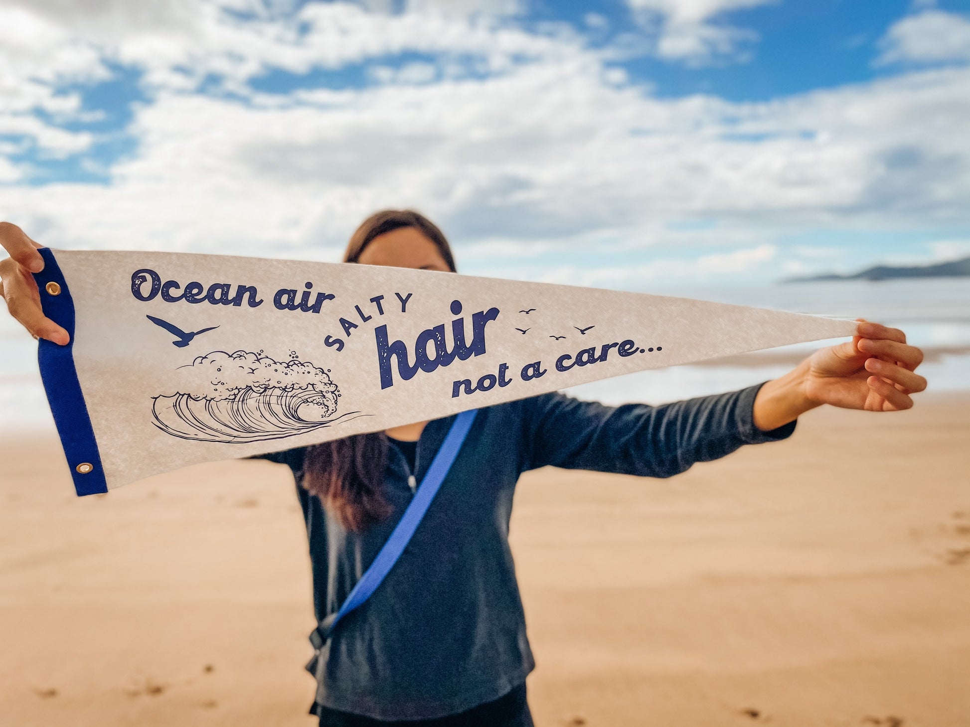 Ocean air Salty hair Not a care Pennant | Travel Felt Pennant Flag Banner | Nautical Vintage Style | Wall Decor