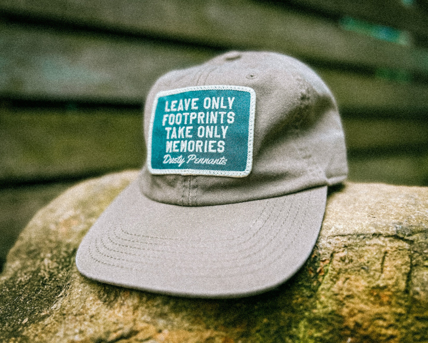 Footprints & Memories Patch Cap | faded unstructured vintage style khaki baseball hat.