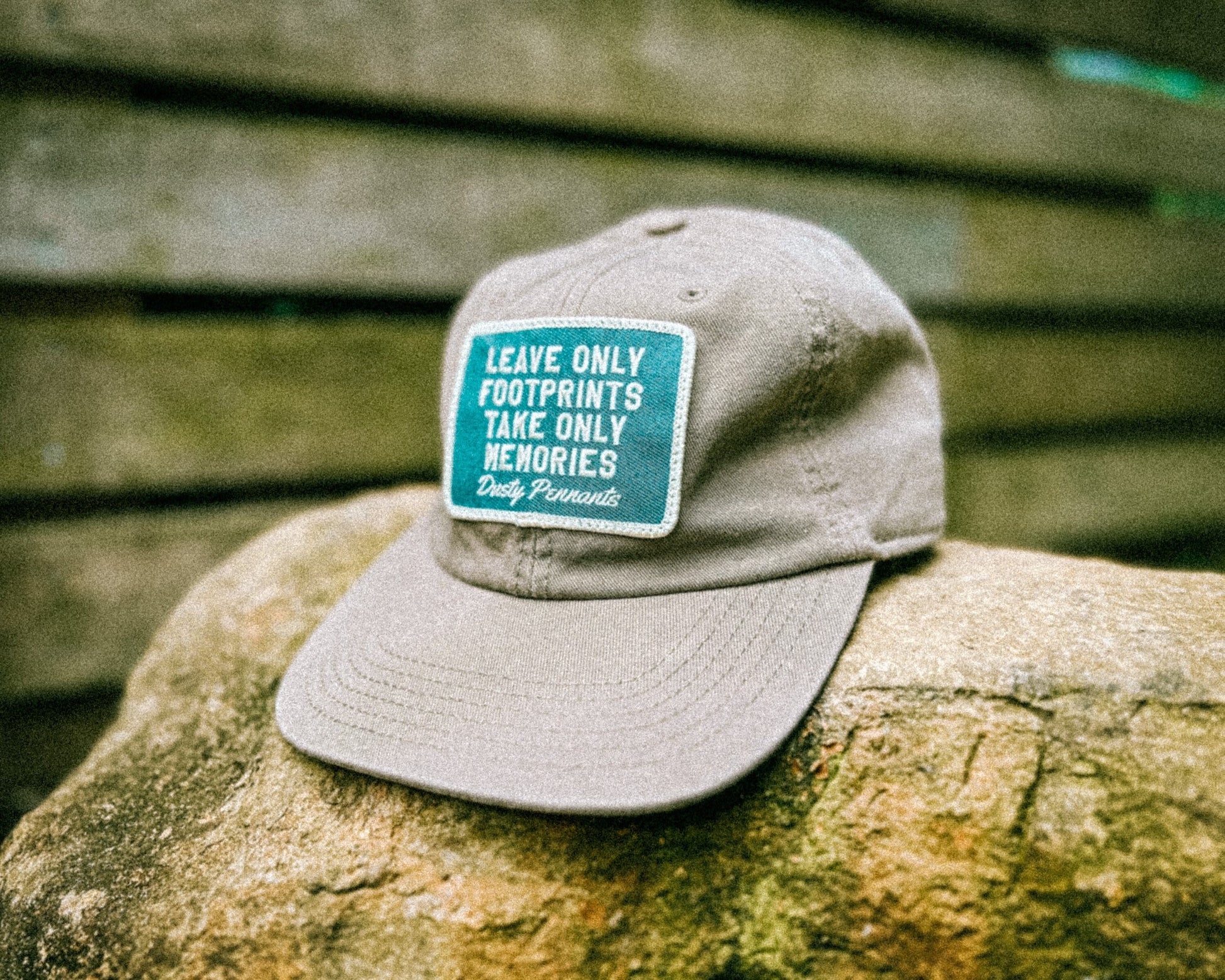 Footprints & Memories Patch Cap | faded unstructured vintage style khaki baseball hat.