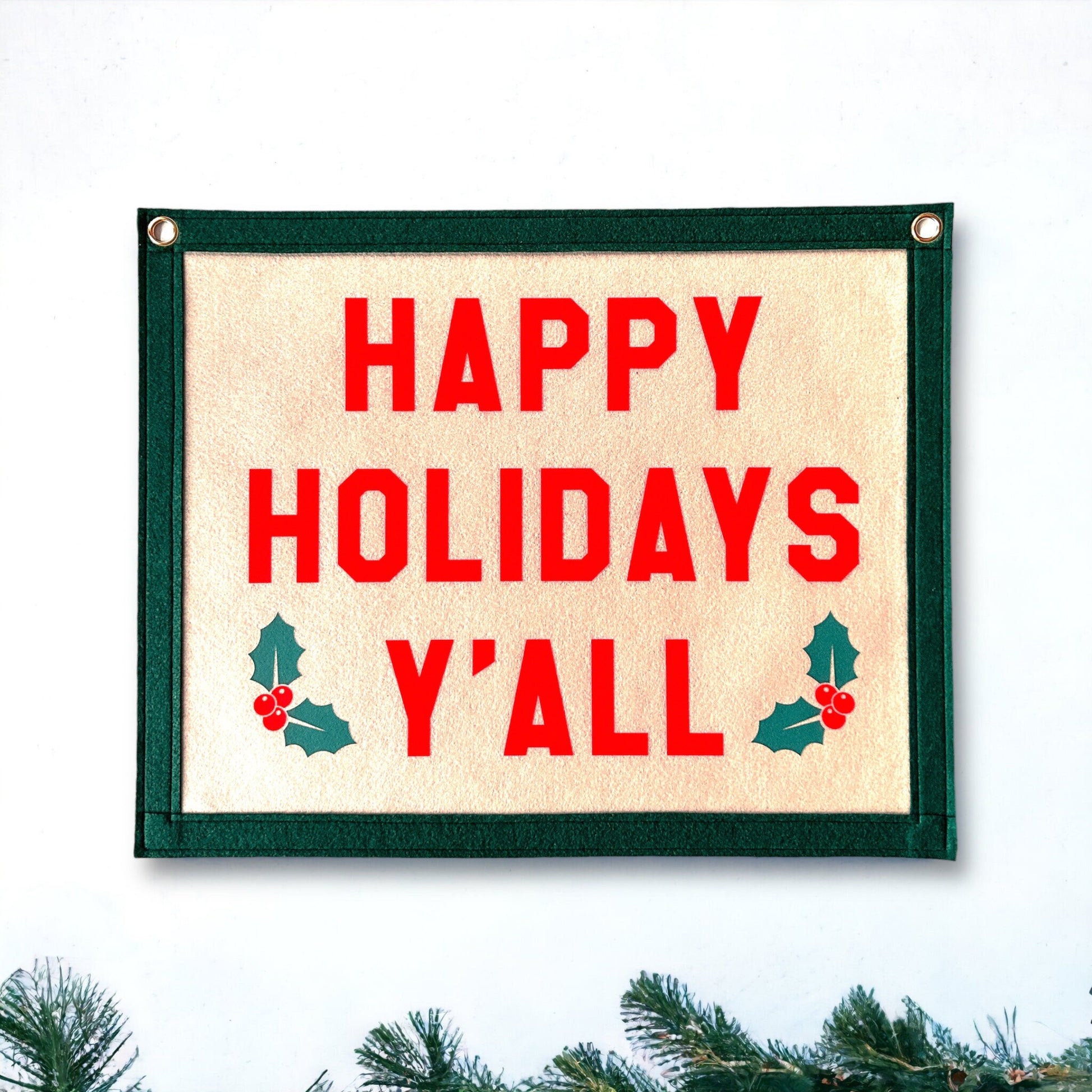 Happy Holidays Y’all Felt Banner | 50cm x 40cm Camp Flag | Pennant | Christmas Decor