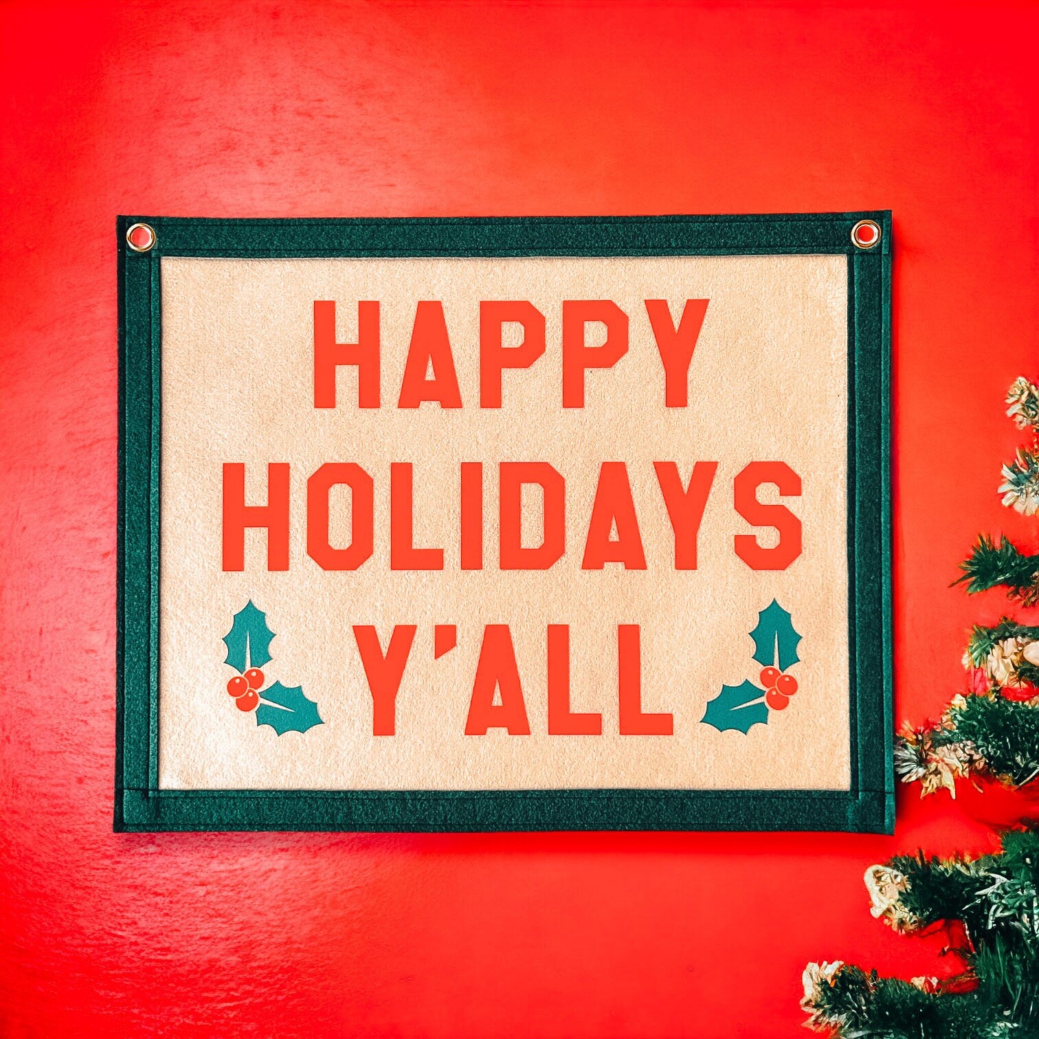 Happy Holidays Y’all Felt Banner | 50cm x 40cm Camp Flag | Pennant | Christmas Decor